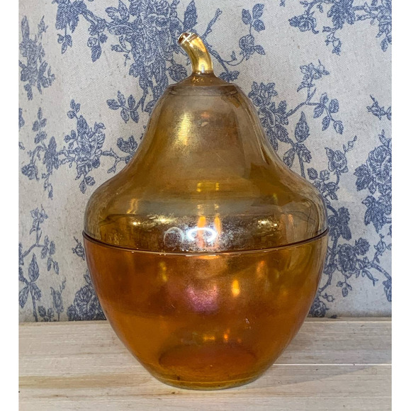 Vintage Carnival Glass Pear Covered Candy Dish Marigold - Picture 2 of 11